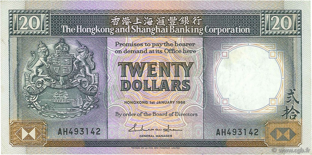 20 Dollars HONG KONG  1986 P.192a BB