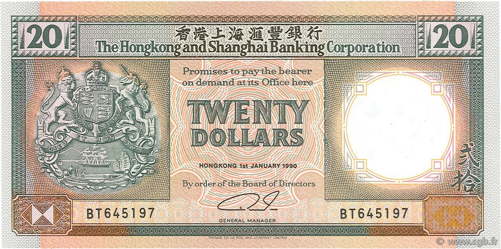 20 Dollars HONG KONG  1990 P.197a UNC