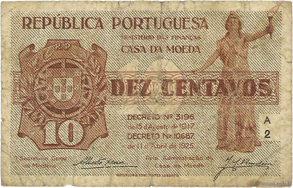 10 Centavos PORTOGALLO  1925 P.101 q.MB