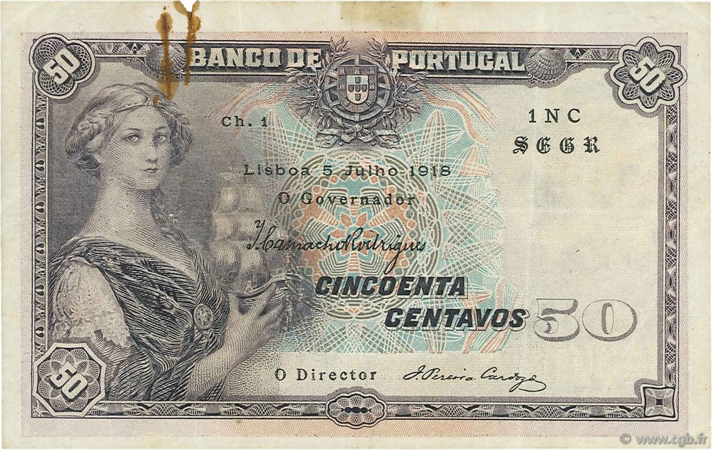 50 Centavos PORTOGALLO  1918 P.112b q.BB