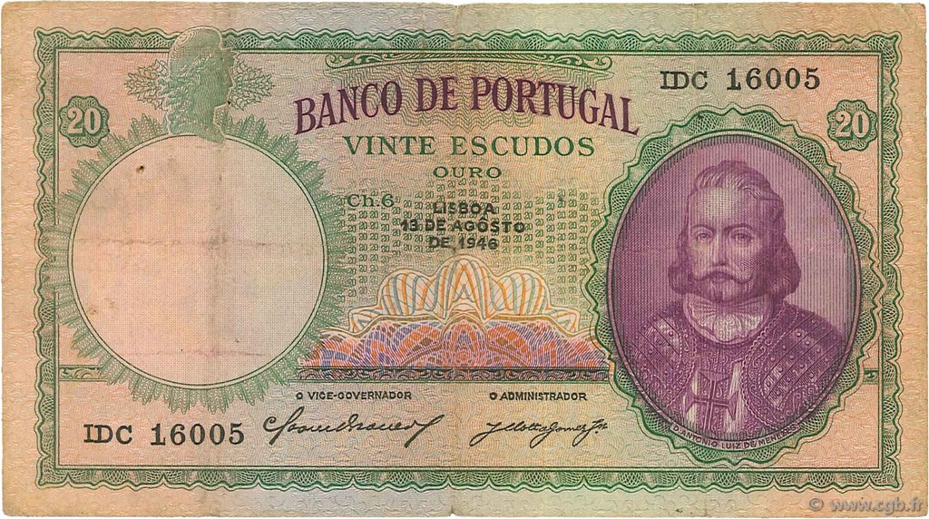 20 Escudos PORTUGAL  1946 P.153a BC+