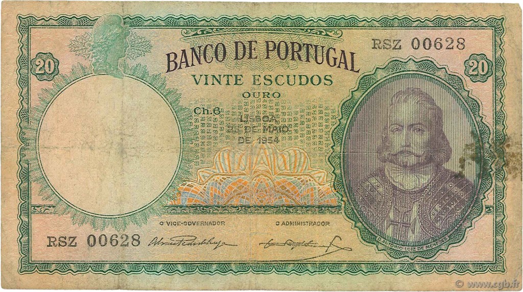 20 Escudos PORTUGAL  1954 P.153a BC