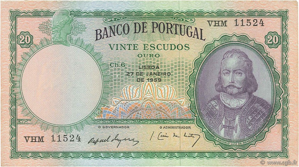 20 Escudos PORTUGAL  1954 P.153b VF