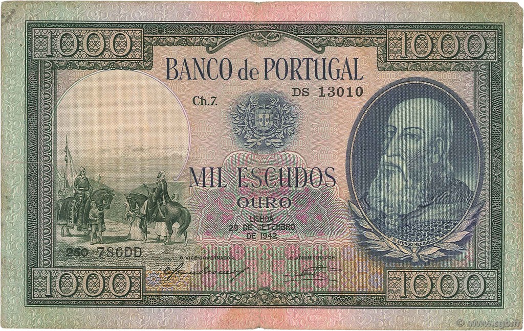 1000 Escudos PORTUGAL  1942 P.156 BC+