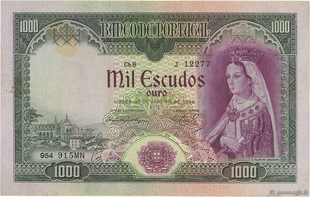1000 Escudos PORTUGAL  1956 P.161 MBC