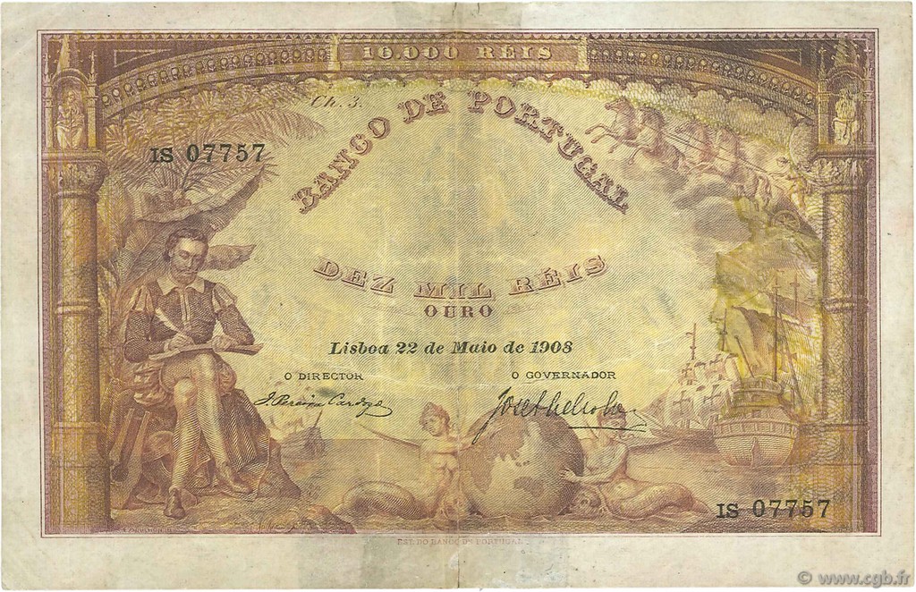 10000 Reis PORTUGAL  1908 P.081 F