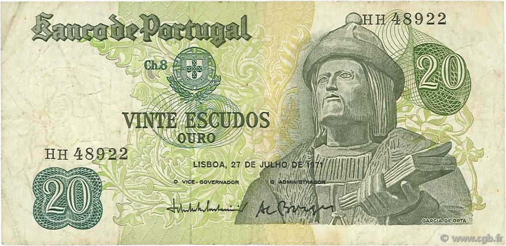 20 Escudos PORTUGAL  1971 P.173 BC+
