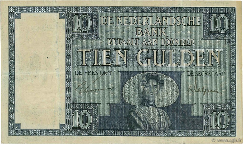 10 Gulden NETHERLANDS  1925 P.043b VF