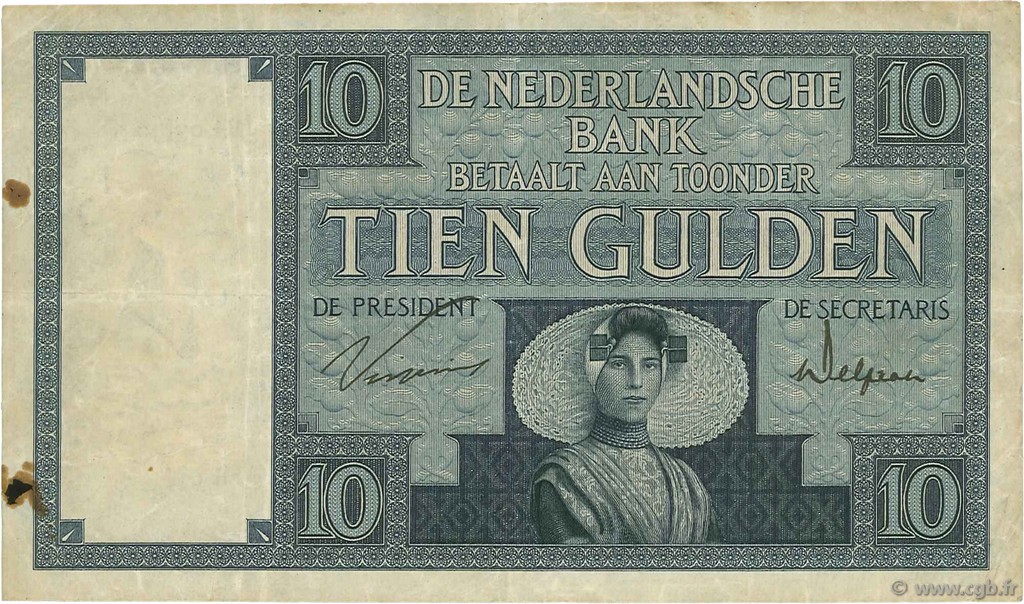 10 Gulden PAíSES BAJOS  1930 P.043b BC+