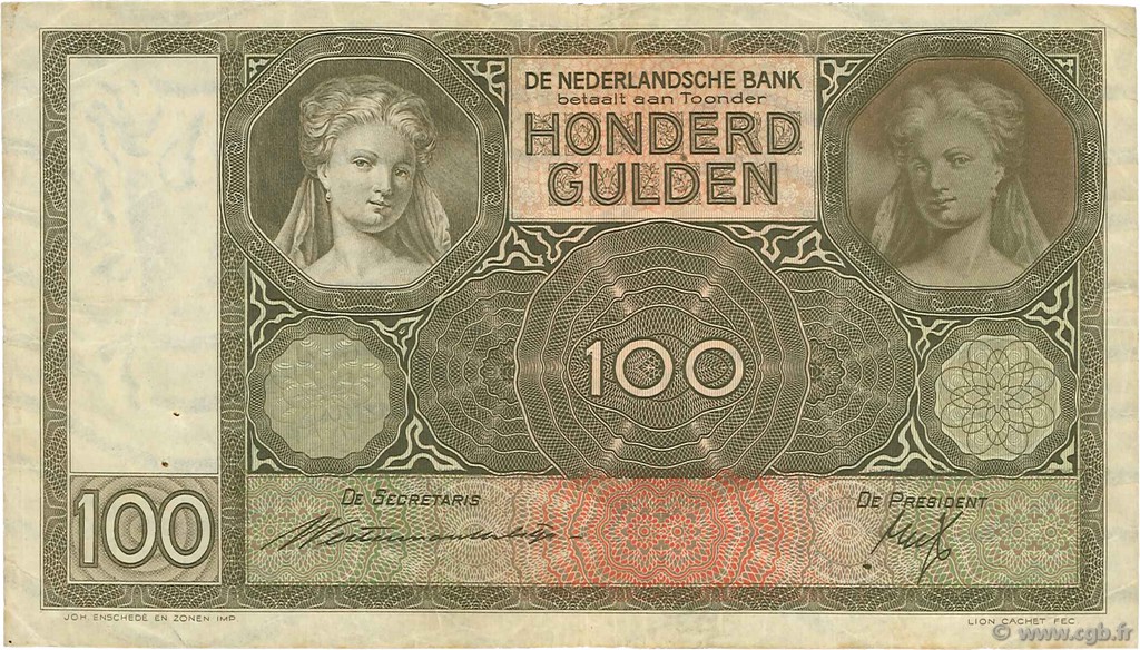 100 Gulden PAESI BASSI  1937 P.051a BB