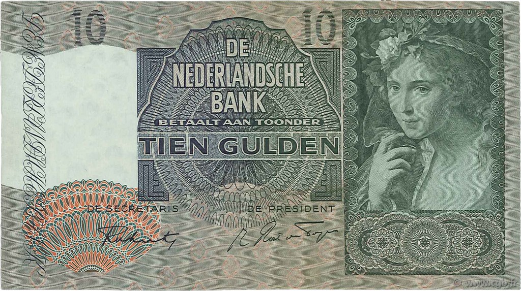 10 Gulden NETHERLANDS  1941 P.056b AU