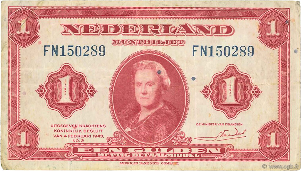 1 Gulden NETHERLANDS  1943 P.064a VF