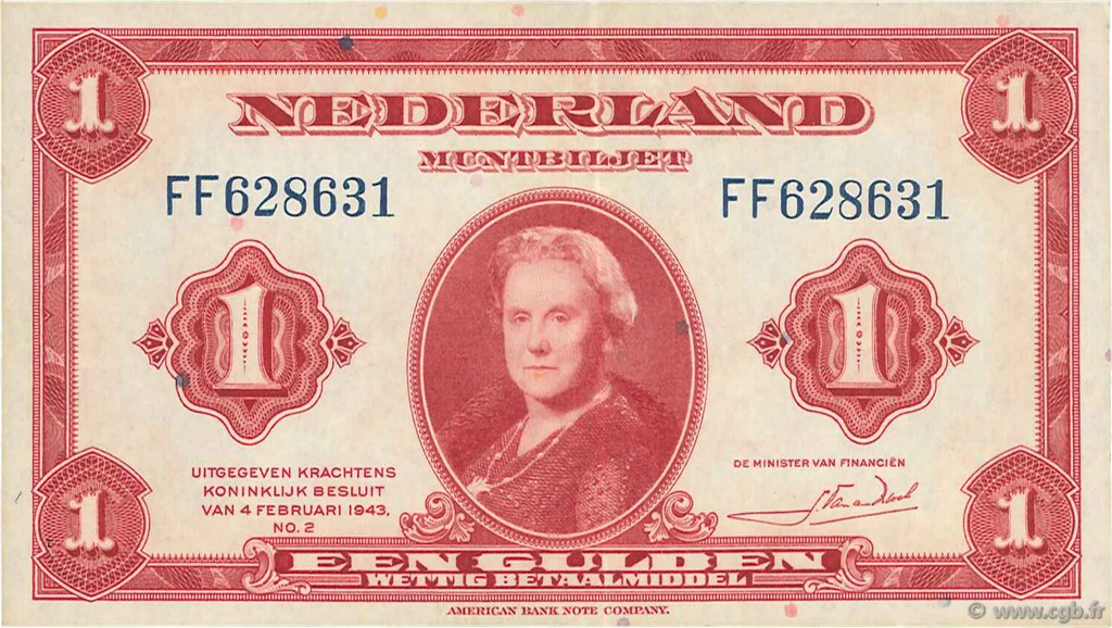 1 Gulden NETHERLANDS  1943 P.064a XF