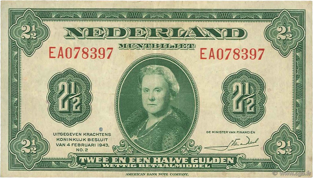 2,5 Gulden PAESI BASSI  1943 P.065a BB