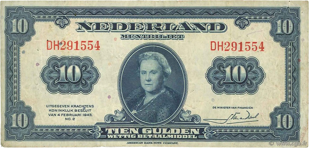 10 Gulden NETHERLANDS  1943 P.066a VF