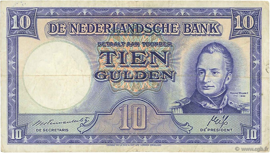 10 Gulden NETHERLANDS  1945 P.075b F+
