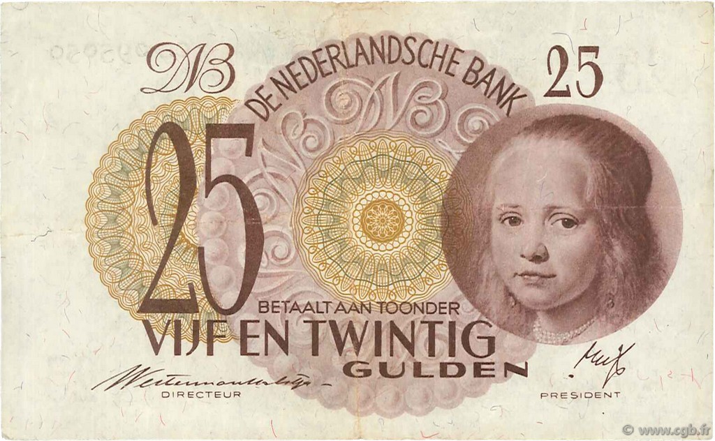 25 Gulden NETHERLANDS  1945 P.077 VF+