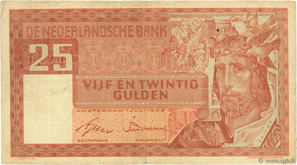 25 Gulden NETHERLANDS  1949 P.084 VF