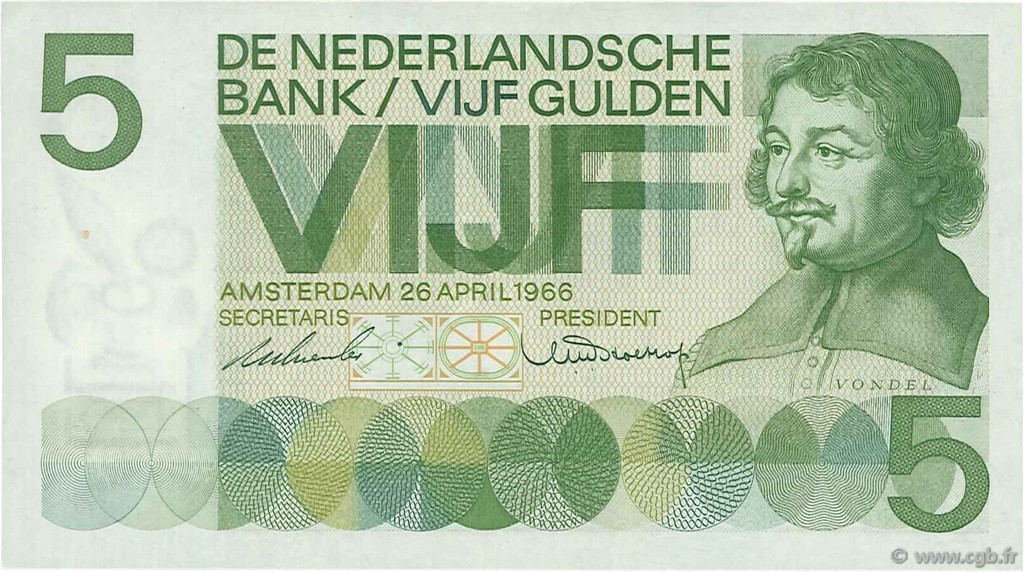 5 Gulden NETHERLANDS  1966 P.090a AU