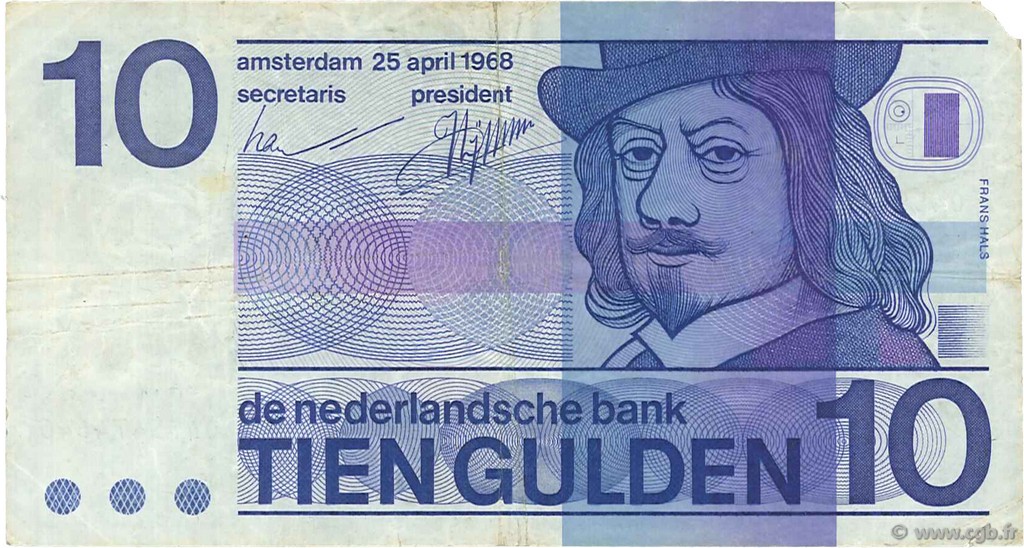 10 Gulden NETHERLANDS  1968 P.091a VF