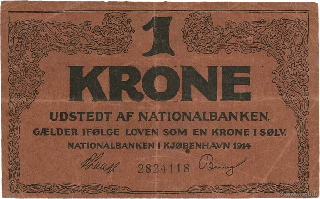 1 Kronen DENMARK  1914 P.010b VF