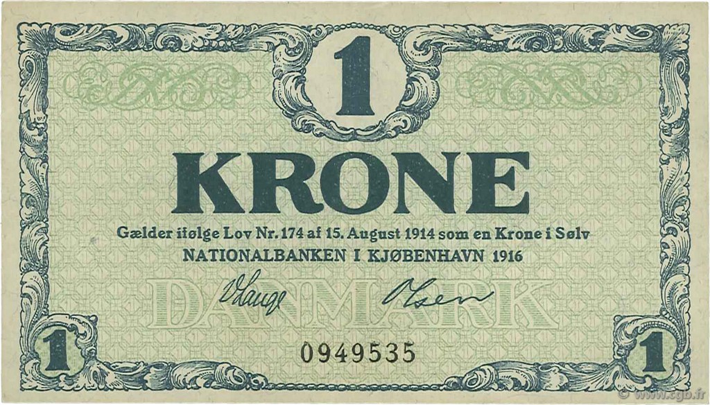 1 Krone DINAMARCA  1916 P.012a AU
