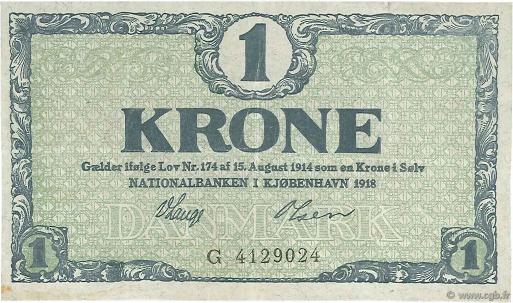 1 Krone DINAMARCA  1918 P.012d BB