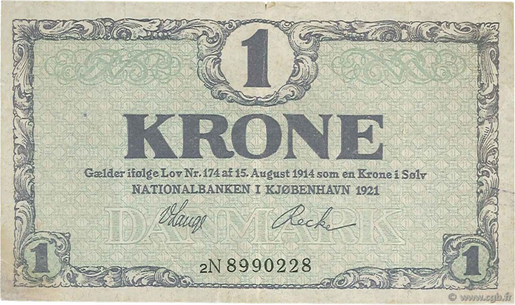1 Krone DINAMARCA  1921 P.012g MBC