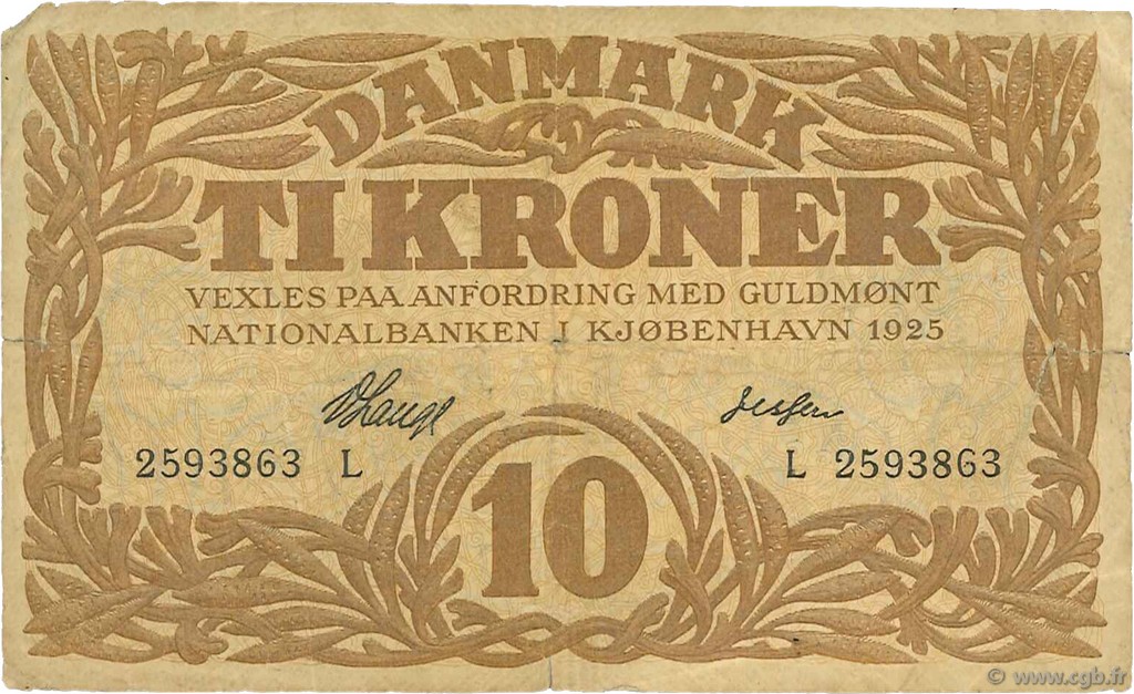 10 Kroner DINAMARCA  1925 P.021u q.MB