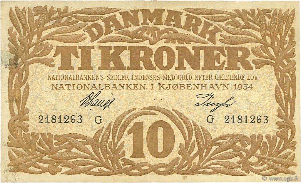 10 Kroner DÄNEMARK  1934 P.026j SS