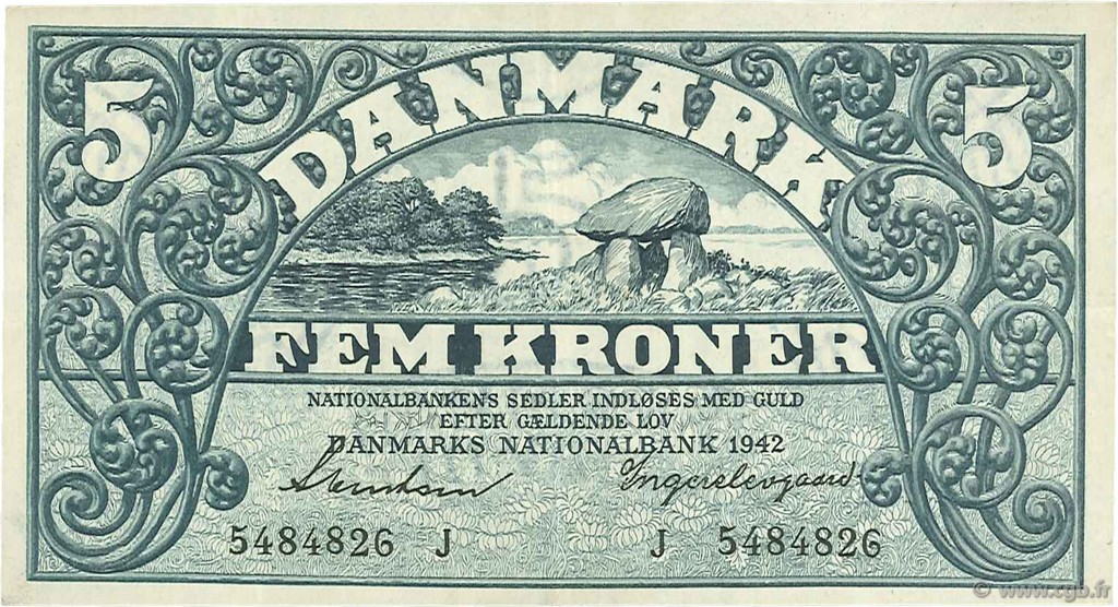 5 Kroner DINAMARCA  1942 P.030h SPL+