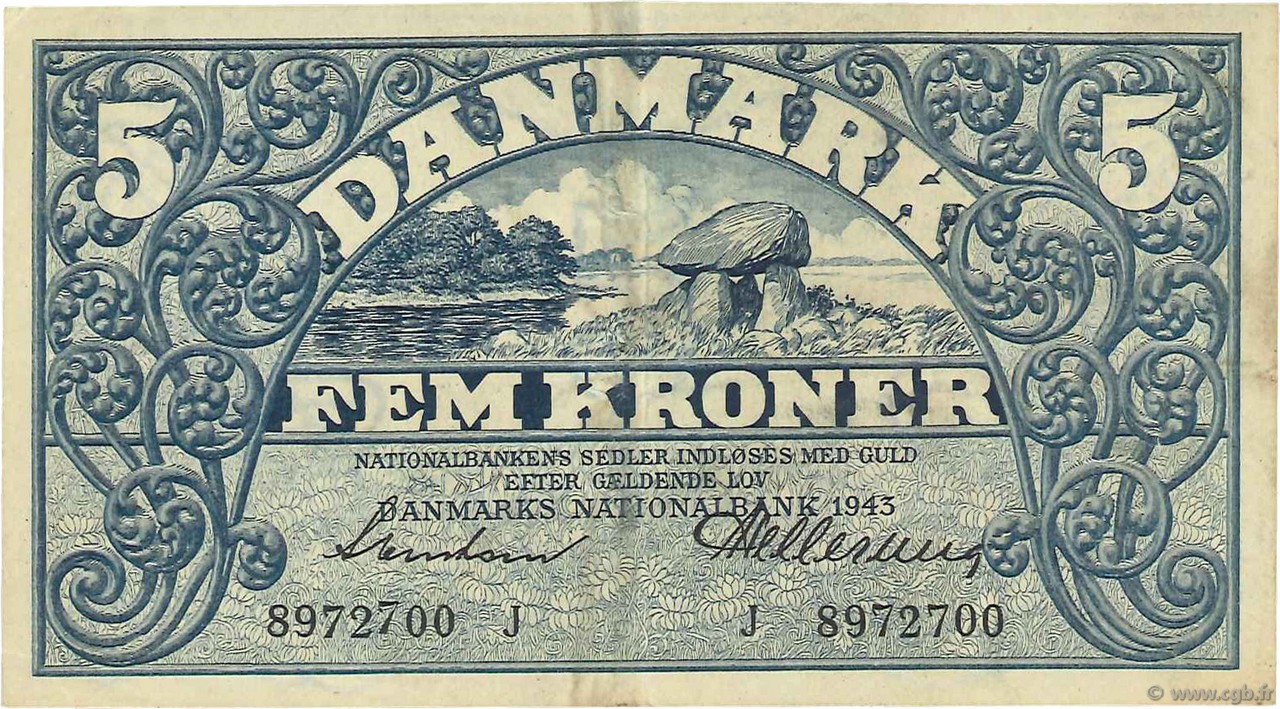 5 Krone DENMARK  1943 P.030i VF