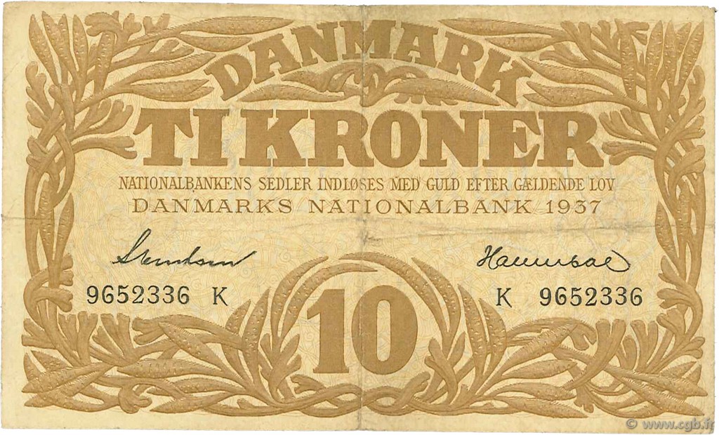 10 Kroner DINAMARCA  1937 P.031a BC+