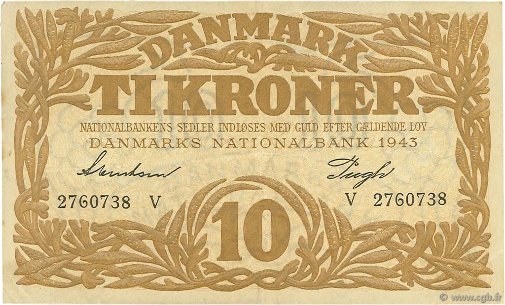 10 Kroner DINAMARCA  1943 P.031p SPL