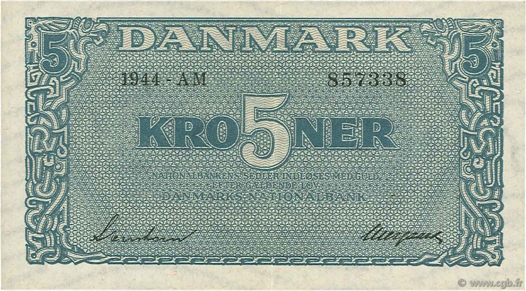 5 Kroner DENMARK  1944 P.035a AU-