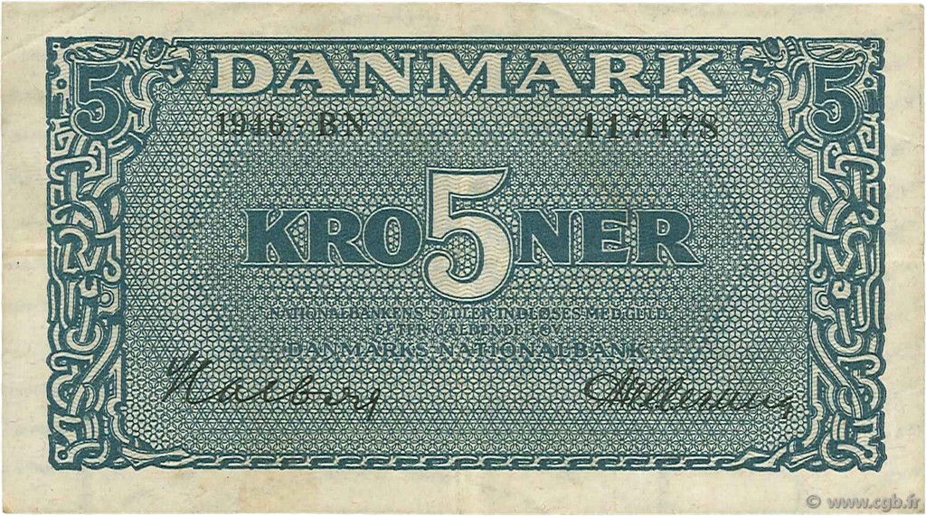 5 Kroner DINAMARCA  1946 P.035c BB