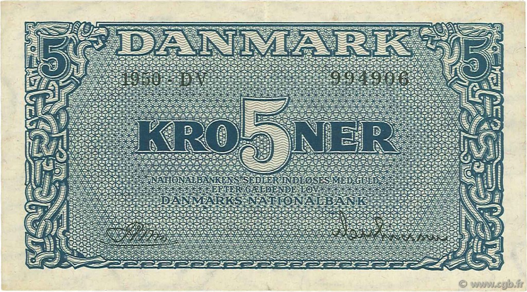 5 Kroner DANEMARK  1950 P.035g SUP
