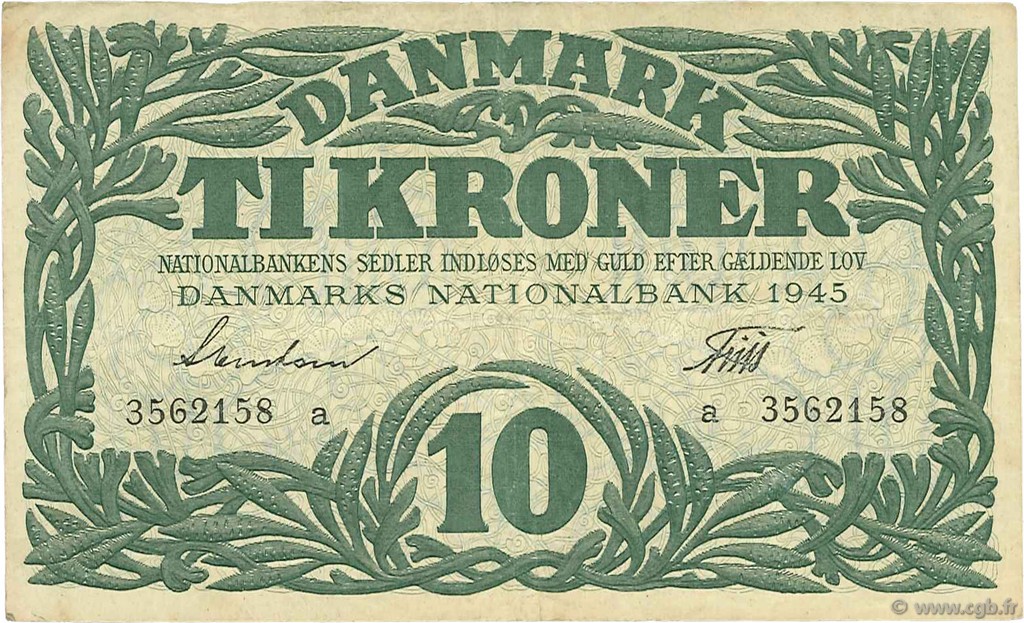 10 Kroner DINAMARCA  1945 P.037a BB