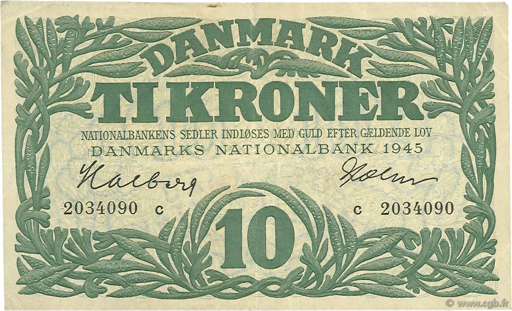 10 Kroner DINAMARCA  1945 P.037c q.SPL