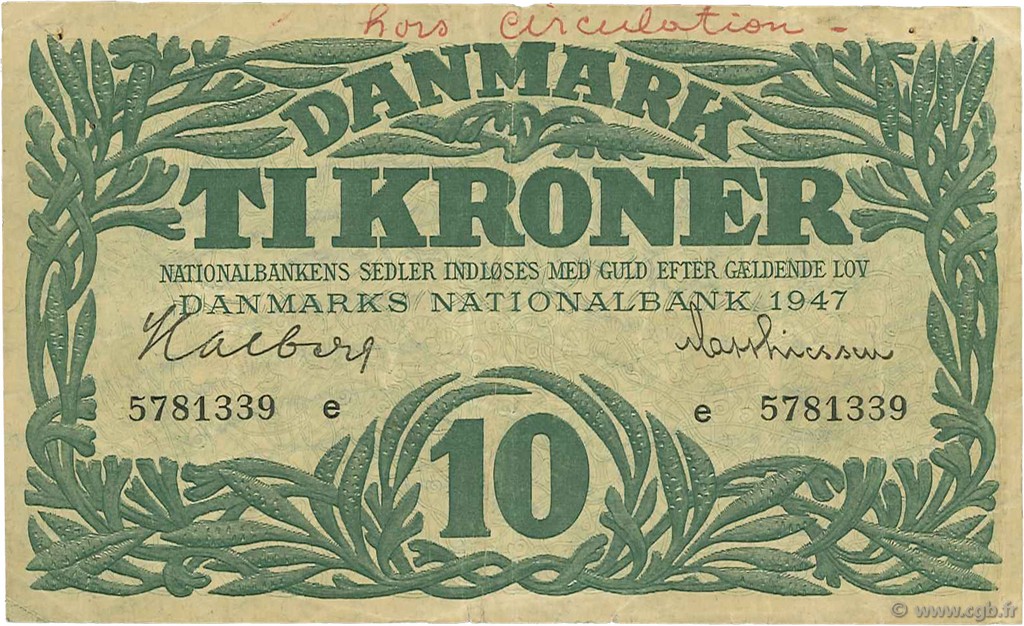 10 Kroner DENMARK  1947 P.037d VF