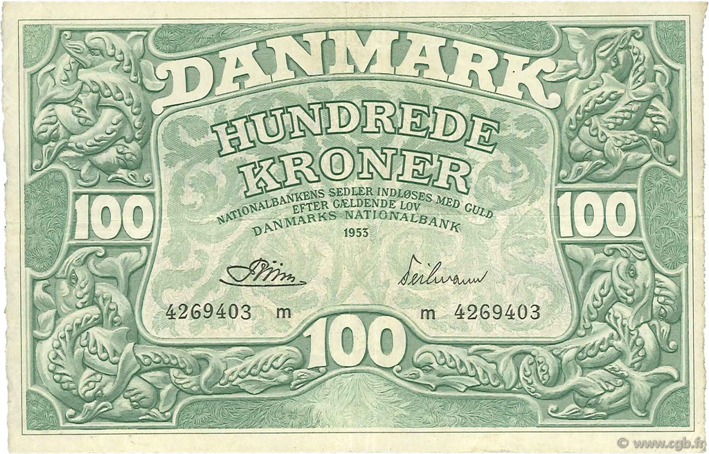 100 Kroner DINAMARCA  1953 P.039j MBC+