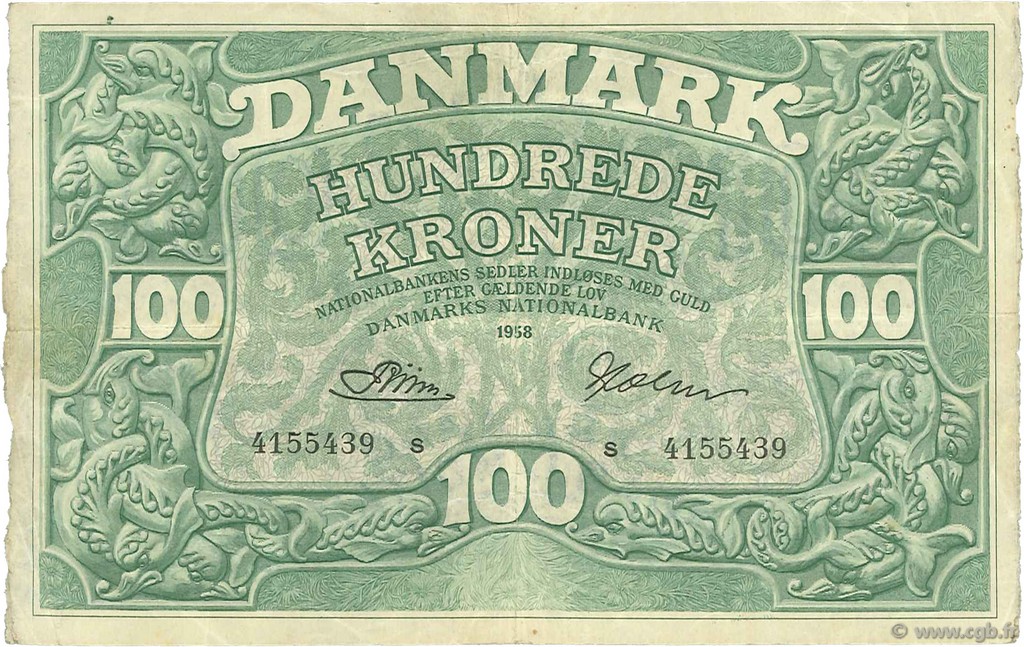 100 Kroner DENMARK  1958 P.039r VF+