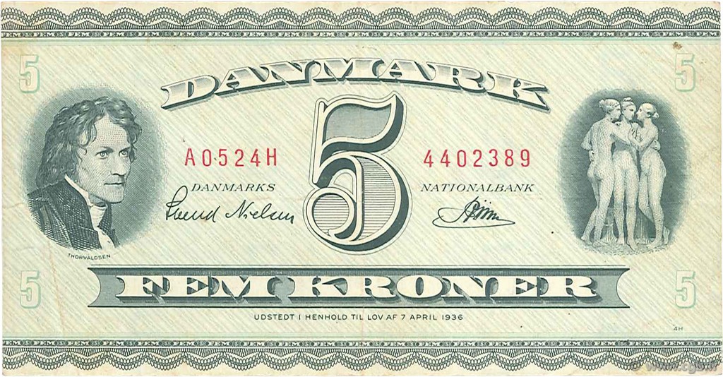 5 Kroner DINAMARCA  1952 P.042a BB