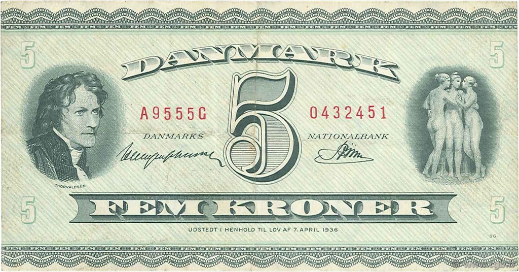 5 Kroner DINAMARCA  1955 P.042h MBC+
