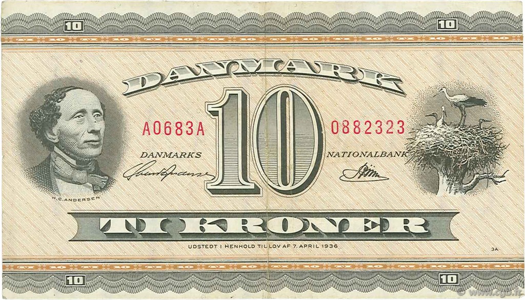 10 Kroner DENMARK  1968 P.044v VF+
