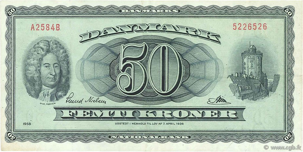 50 Kroner DINAMARCA  1958 P.045d BB