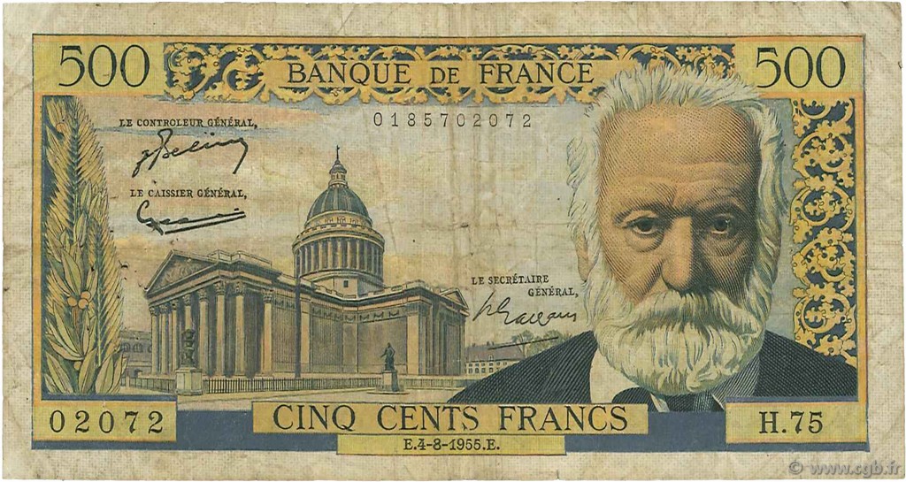 500 Francs VICTOR HUGO FRANCE  1955 F.35.05 B