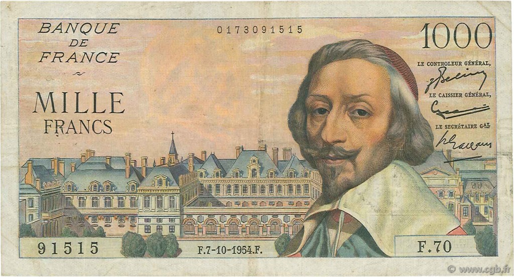 1000 Francs RICHELIEU FRANCIA  1954 F.42.08 q.BB