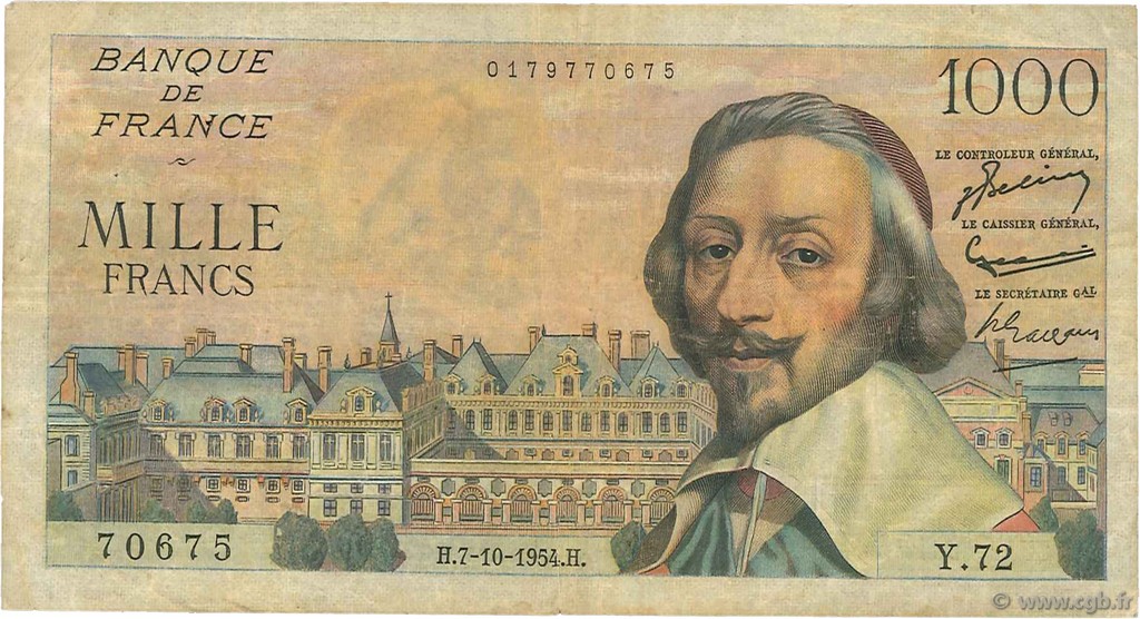 1000 Francs RICHELIEU FRANCE  1954 F.42.08 VG
