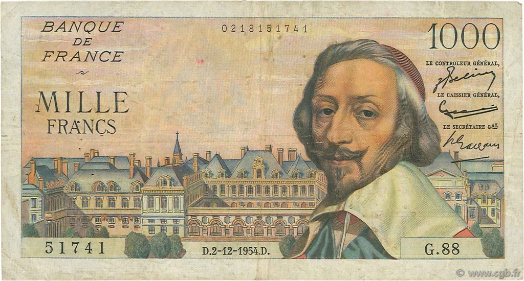 1000 Francs RICHELIEU FRANCIA  1954 F.42.09 BC